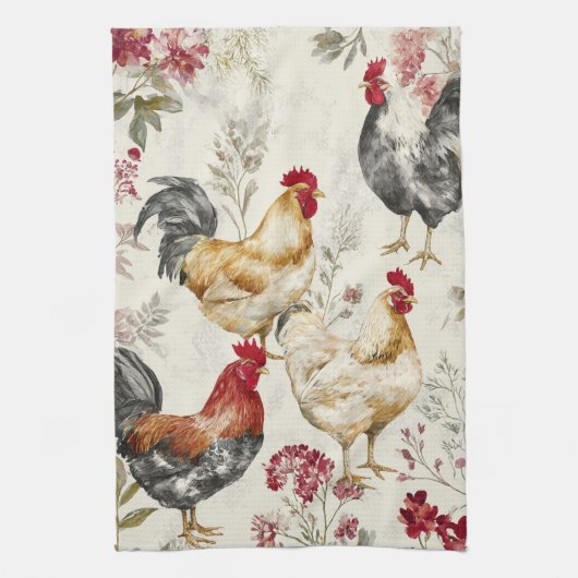 Barnyard Chickens and Botanical Pattern Design キッチンタオル (縦)