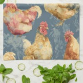 Barnyard Chickens and Botanical Pattern Design キッチンタオル (折り畳み)