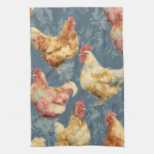 Barnyard Chickens and Botanical Pattern Design キッチンタオル (縦)