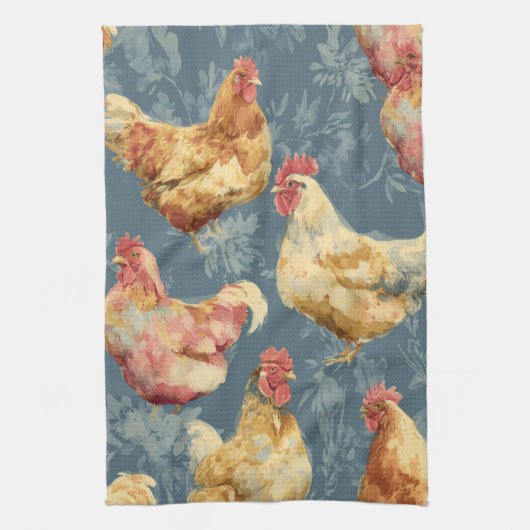 Barnyard Chickens and Botanical Pattern Design キッチンタオル (縦)