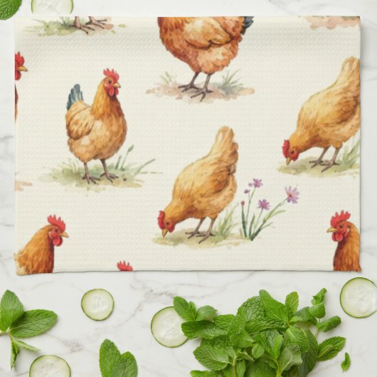 Barnyard Chickens and Botanical Pattern Design キッチンタオル (折り畳み)