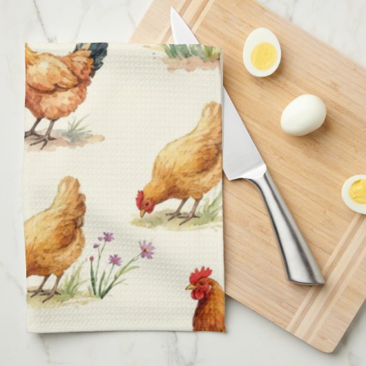 Barnyard Chickens and Botanical Pattern Design キッチンタオル (四つ折り)