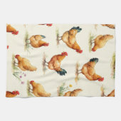 Barnyard Chickens and Botanical Pattern Design キッチンタオル (横)