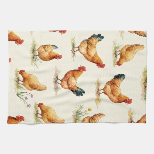 Barnyard Chickens and Botanical Pattern Design キッチンタオル (横)