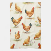 Barnyard Chickens and Botanical Pattern Design キッチンタオル (縦)
