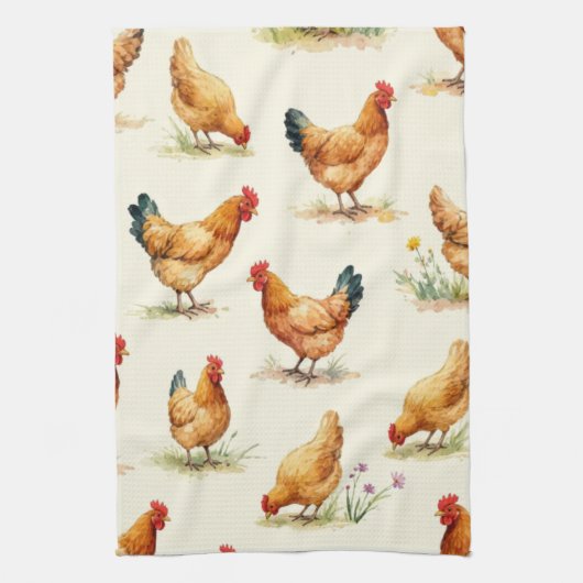 Barnyard Chickens and Botanical Pattern Design キッチンタオル (縦)