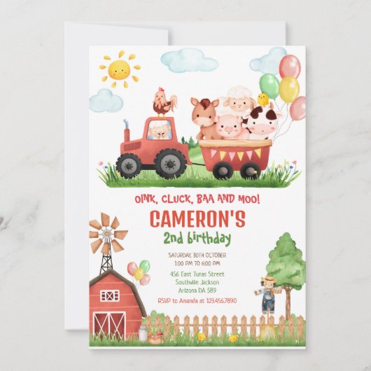 Barnyard Farm Animals Birthday Invitation 招待状 (正面)