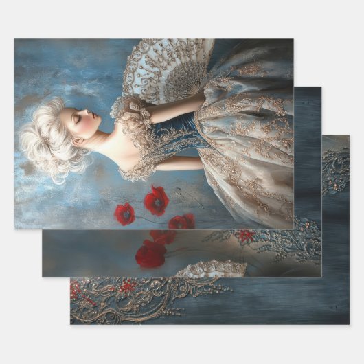 Baroque Ballet, Elegant Rococo Portrait & Poppies ラッピングペーパーシート (セット)