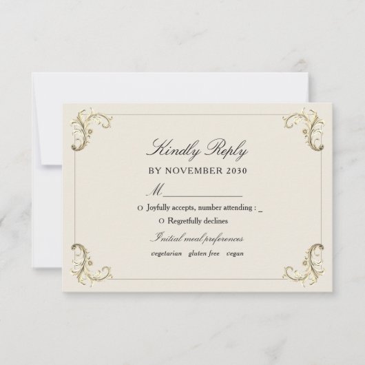 Baroque Black Gold Wedding 出欠カード (正面)