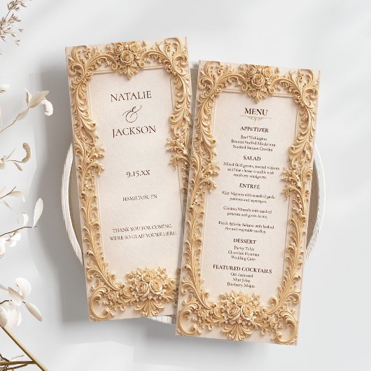 Baroque Elegant Gold Floral Wedding Menu メニュー