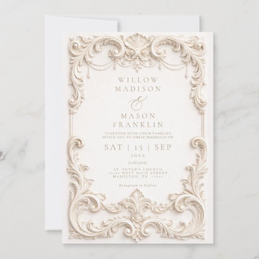 Baroque Elegant Ivory Wedding 招待状 (正面)