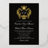 Baroque Elegant Monogram Crest Wedding 箔招待状 (正面)