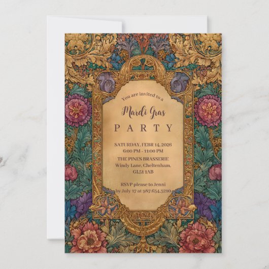Baroque Floral Mardi Gras Masquerade 招待状 (正面)