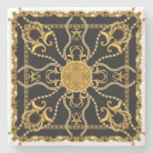 Baroque Gold Ornamental Chain Pattern on Black ストーンコースター (正面)