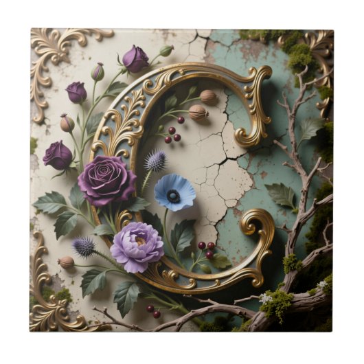 Baroque Gold Patina Letter C Monogram タイル (正面)