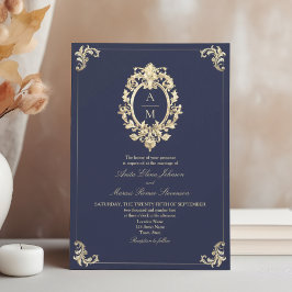 Baroque Navy Blue Gold Monogram Wedding 招待状