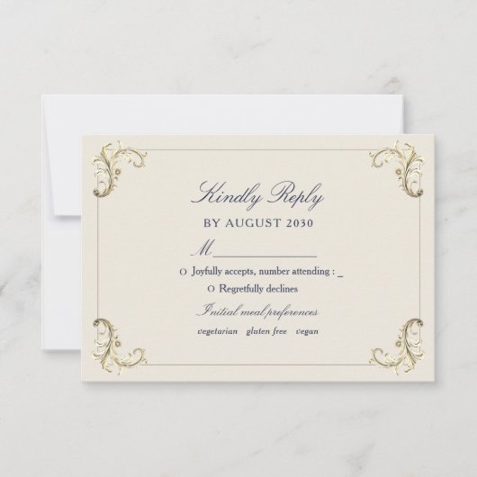 Baroque Navy Blue Gold Wedding 出欠カード (正面)