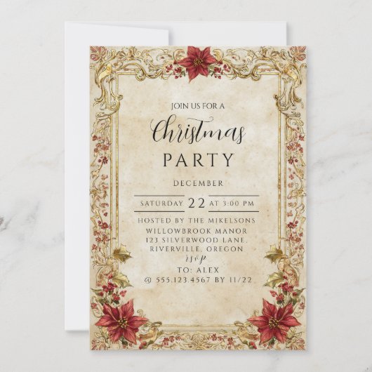 Baroque Poinsettia Elegance Christmas 招待状 (正面)