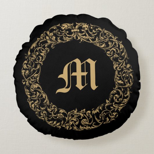Baroque Rococo Floral Wreath Monogram Print ラウンドクッション (正面)