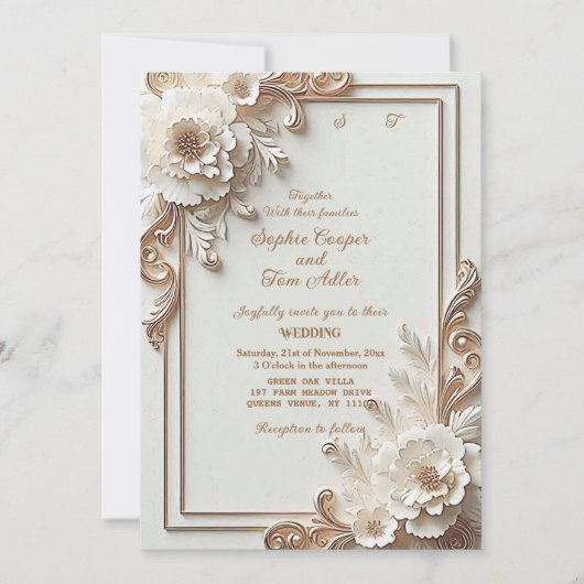 Baroque White Flowers Opulence Ivory Gold Frame  招待状 (正面)
