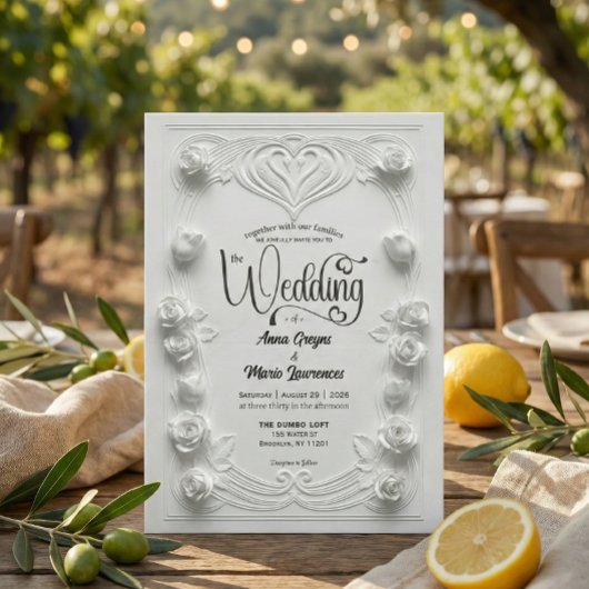 Baroque White Rose Faux 3D Embossed Formal Wedding 招待状