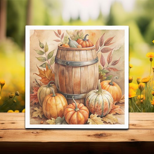 Barrel with Pumpkins Fall スタンダードカクテルナプキン