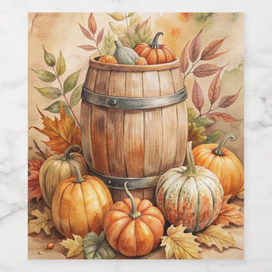 Barrel with Pumpkins Fall ワインラベル (シングルラベル)