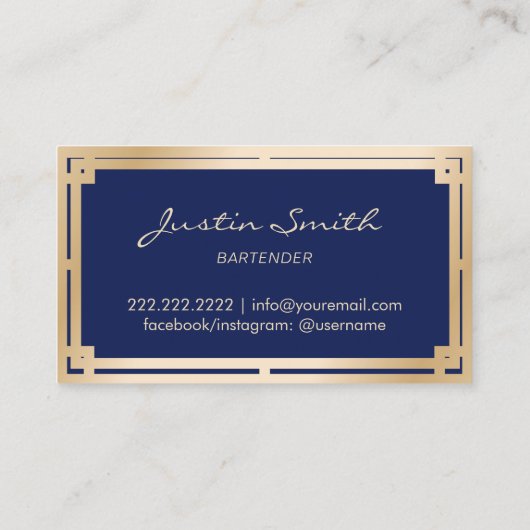 Bartender Bar Club Modern Navy Blue Gold Art Deco 名刺 (裏面)