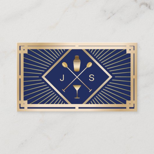 Bartender Bar Club Modern Navy Blue Gold Art Deco 名刺 (正面)
