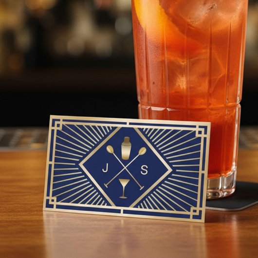 Bartender Bar Club Modern Navy Blue Gold Art Deco 名刺