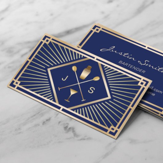 Bartender Bar Club Modern Navy Blue Gold Art Deco 名刺