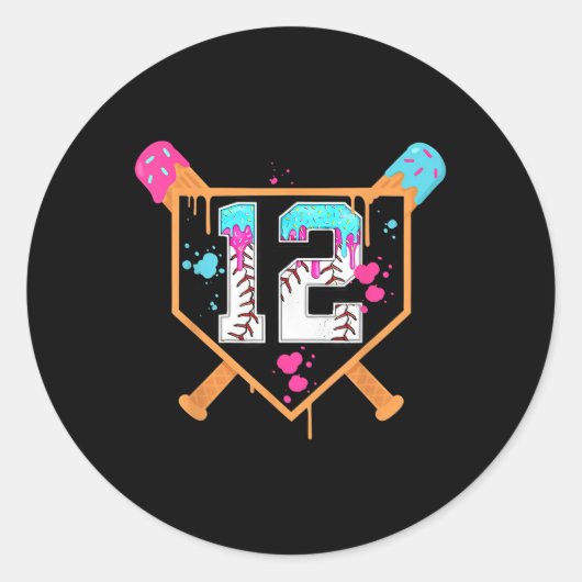 Baseball 12th Birthday Boy Ice Cream Drip 12 Year  ラウンドシール (正面)