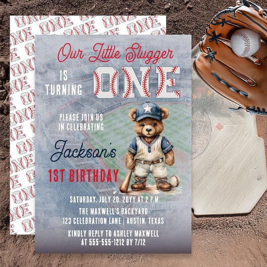 Baseball 1st Birthday Teddy Bear Little Slugger 招待状