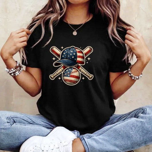 Baseball American Flag Lax Cap and Bat Sports 4th  Tシャツ