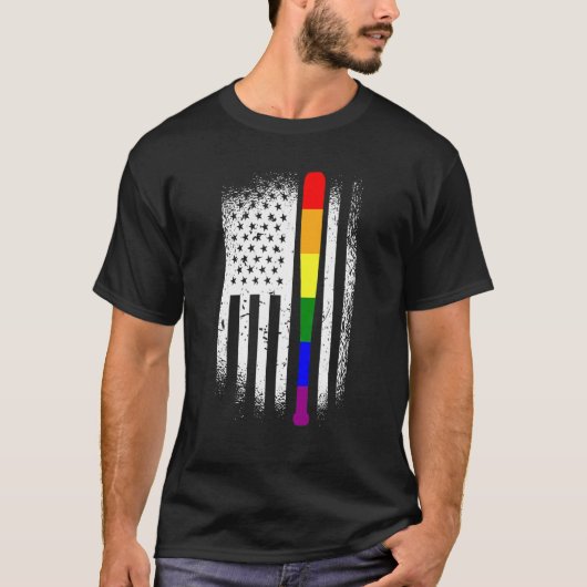 Baseball American Flag Lgbt Q Rainbow Bat Gay Prid Tシャツ (正面)