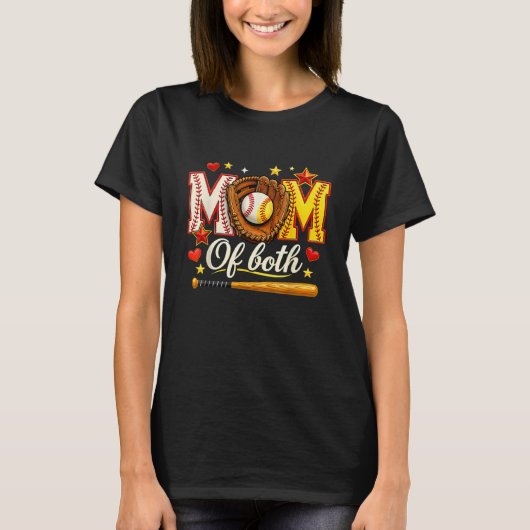 Baseball and Softball Mom of Both Heart Stars Tee Tシャツ (正面)
