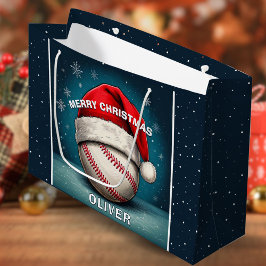 Baseball Ball Red Santa Hat Name Christmas  ラージペーパーバッグ