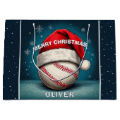 Baseball Ball Red Santa Hat Name Christmas  ラージペーパーバッグ (正面)