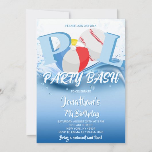 Baseball Beach Ball Pool Party Bash Birthday 招待状 (正面)