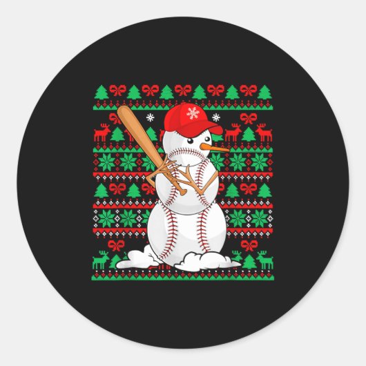 Baseball Boys Men Christmas Snowman Players Ugly X ラウンドシール (正面)