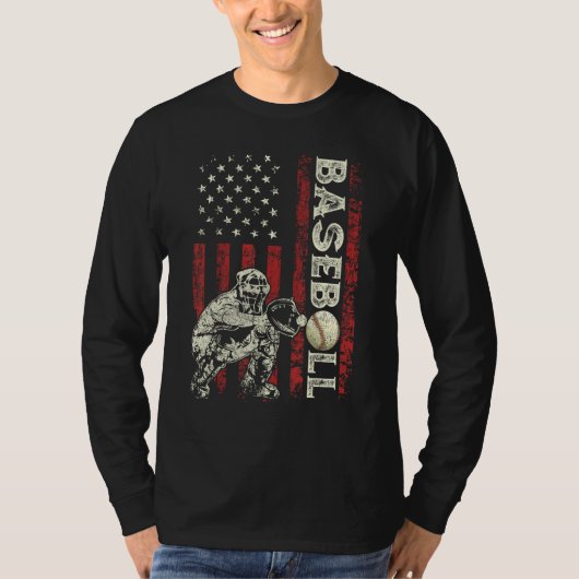 Baseball Catcher US Flag  Dad Men Patriotic 4th Of Tシャツ (正面)