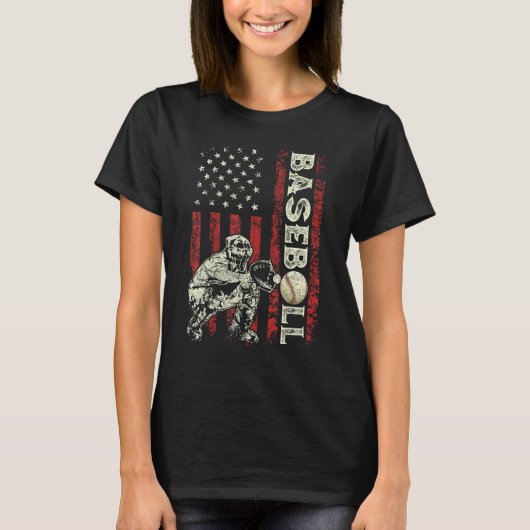 Baseball Catcher US Flag  Dad Men Patriotic 4th Of Tシャツ (正面)
