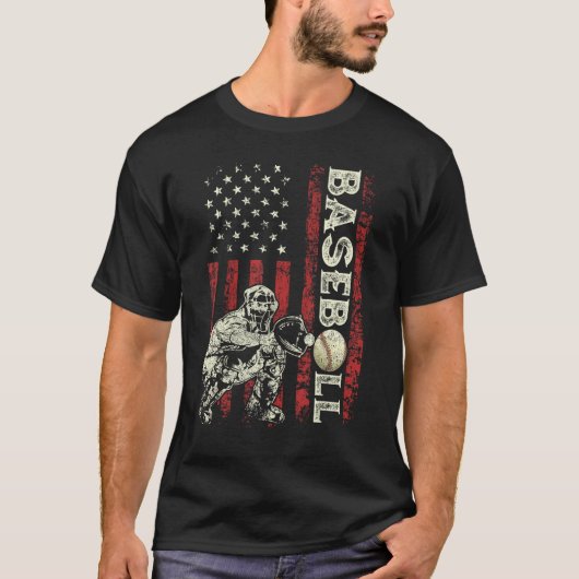 Baseball Catcher US Flag  Dad Men Patriotic 4th Of Tシャツ (正面)
