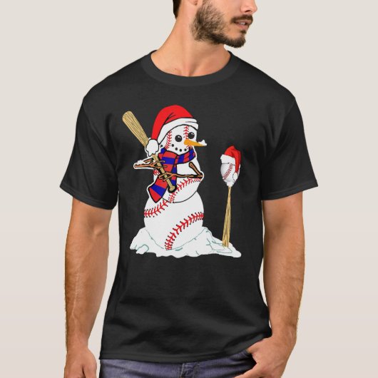 Baseball Christmas Snowman Playing Baseball Tシャツ (正面)