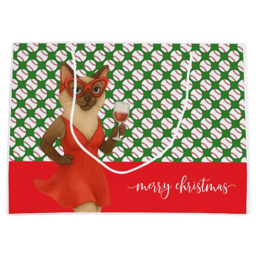 Baseball Christmas themed for Cat Lovers  ラージペーパーバッグ (正面)