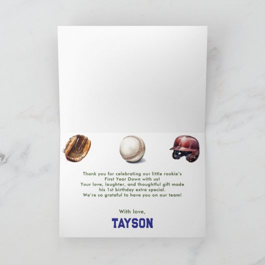 Baseball First Year Down 1st Birthday サンキューカード (内部)