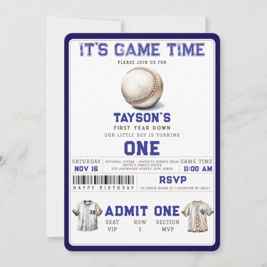 Baseball First Year Down 1st Birthday 招待状 (正面)