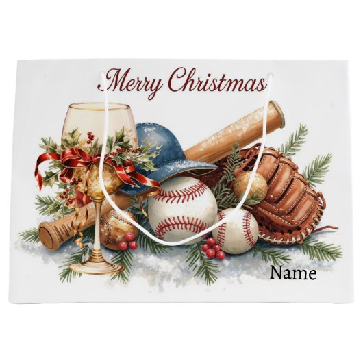 Baseball for Christmas with name for Player ラージペーパーバッグ (正面)