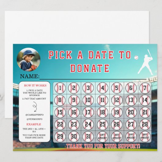 Baseball Fundraiser Calendar Template 招待状 (正面/裏面)