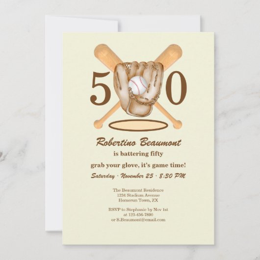 Baseball Glove Bats Themed Men's 50th Birthday 招待状 (正面)